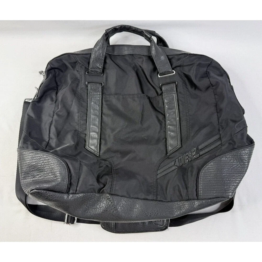 Retro Y2K DIESEL Tote Bag Large Capacity Boston Nylon Leather Black Vintage